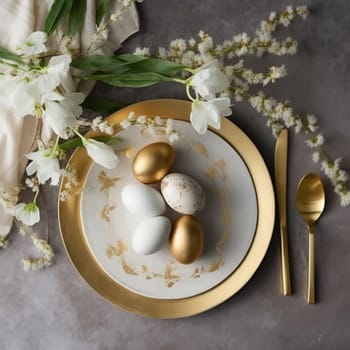 Elegant table setting with gold accents and spring flowers