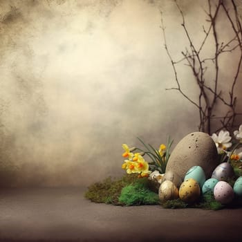 A collection of decorated eggs amidst flowers, indicating a celebration of Easter.
