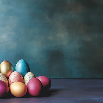 Assorted colorful eggs against a dark moody background, possibly for Easter.