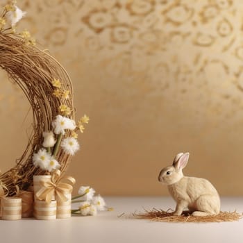 Easter bunny with decorated eggs and floral wreath on festive background.