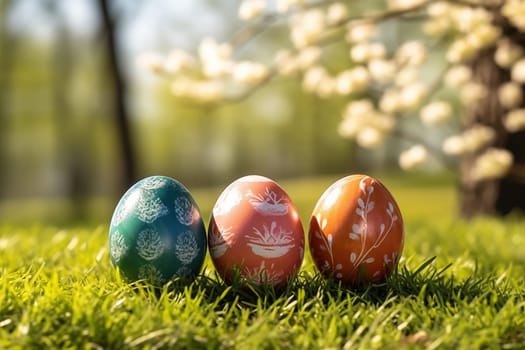 Three painted Easter eggs on grass with spring blossoms in the background.