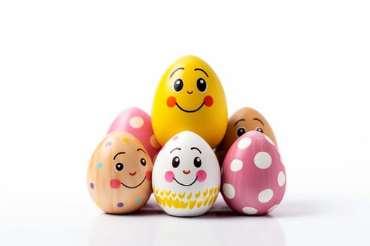 Colorful decorated eggs with cheerful faces against white background.