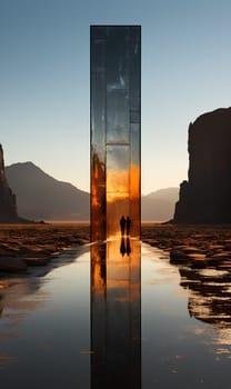 A couple stands before a towering glass installation reflecting the golden sunset in a desert landscape - Generative AI