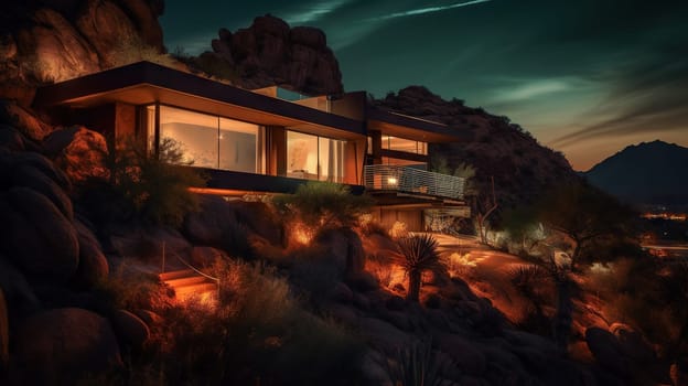 Modern Villa on a hill by night - Generative AI