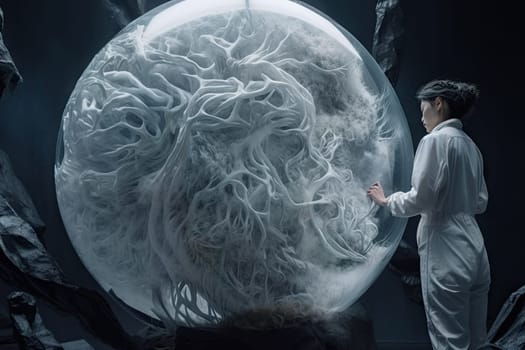 Scientist in lab coat studies large brain-like orb - Generative AI