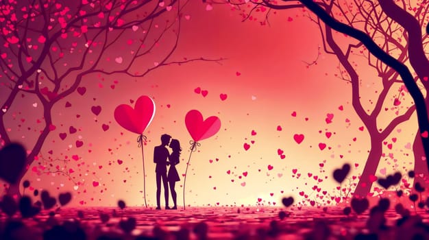 A romantic silhouette of a couple amidst heart-shaped balloons and a magical sunset - Generative AI