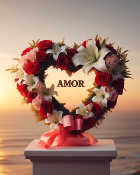 heart shaped crown of flowers with lettering sign amor love in spanish sea sunset background generative ai art