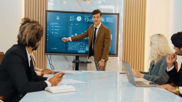 Presentation in office or ornament meeting room with analyst team utilize BI Fintech to analyze financial data. Businesspeople analyzing BI dashboard power display on TV screen for strategic planning