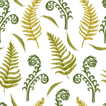 Seamless hand drawn watercolor pattern with green wild herbs ferns leaves in wood woodland forest. Organic natural plants, floral botanical design for wallpapers textile wrapping paper ecological concept