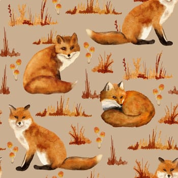 Hand drawn watercolor seamless pattern with red wild fox in beige forest grass on brown background. Wild wood woodland species nature, warn fall autumn print, orange fur fauna fluffy tail