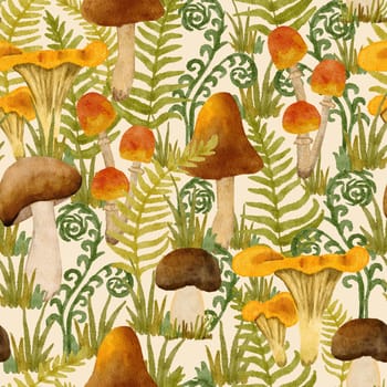 watercolor hand drawn seamless pattern poisonous dangerous wild mushroom. illustration of webcap fungi with brown ochre caps in green grass fall autumn forest wood dry grass for nature lovers for Halloween design