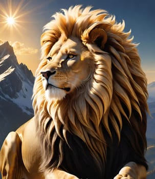Lion on the top of the mountain at sunset. 3D rendering. Lion on the background of mountains at sunset. Conceptual image. Animal theme.Lion on the rock against the background of the mountains and the sun.
