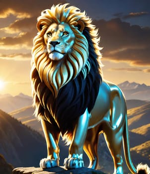 Lion on the top of the mountain at sunset. 3D rendering. Lion on the background of mountains at sunset. Conceptual image. Animal theme.Lion on the rock against the background of the mountains and the sun.