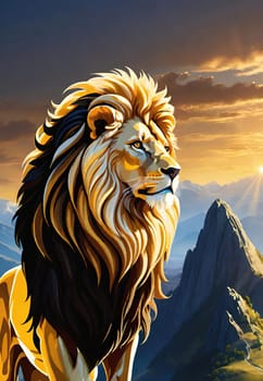 Lion on the top of the mountain at sunset. 3D rendering. Lion on the background of mountains at sunset. Conceptual image. Animal theme.Lion on the rock against the background of the mountains and the sun.