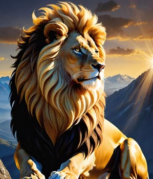 Lion on the top of the mountain at sunset. 3D rendering. Lion on the background of mountains at sunset. Conceptual image. Animal theme.Lion on the rock against the background of the mountains and the sun.