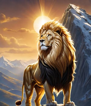 Lion on the top of the mountain at sunset. 3D rendering. Lion on the background of mountains at sunset. Conceptual image. Animal theme.Lion on the rock against the background of the mountains and the sun.