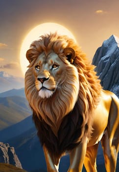 Lion on the top of the mountain at sunset. 3D rendering. Lion on the background of mountains at sunset. Conceptual image. Animal theme.Lion on the rock against the background of the mountains and the sun.