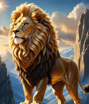 Lion on the top of the mountain at sunset. 3D rendering. Lion on the background of mountains at sunset. Conceptual image. Animal theme.Lion on the rock against the background of the mountains and the sun.