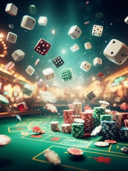 casino scene on a gaming table, freeze action fly dice, cards and chips, dark, bokeh , human hand generative ai art
