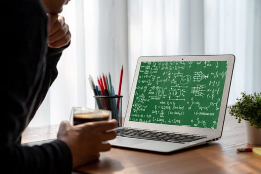 Mathematic equations and modish formula on computer screen showing concept of science and education