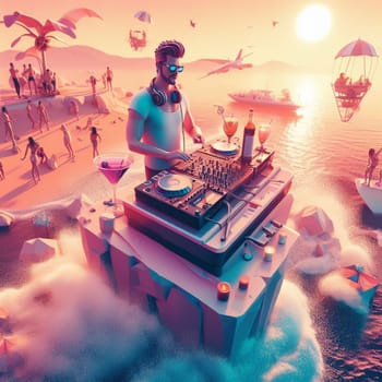 young deejay, wear glasses earphone hosting dj set at crowded beach party tropical island isometric ai generative ai art