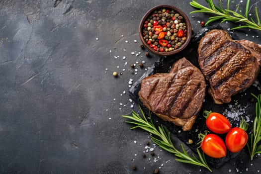 grilled beef steak for valentines day pragma in black background