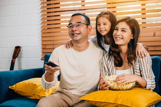 A smiling young family with popcorn gathers in living room watching TV together. They are enjoying candid moments of togetherness bonding and relaxation during their quality time at home.