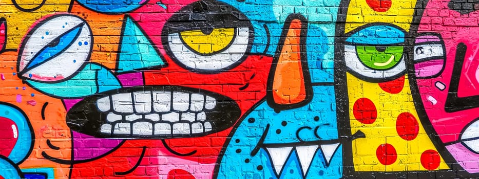 Colorful urban street art featuring cartoonish characters on a brick wall