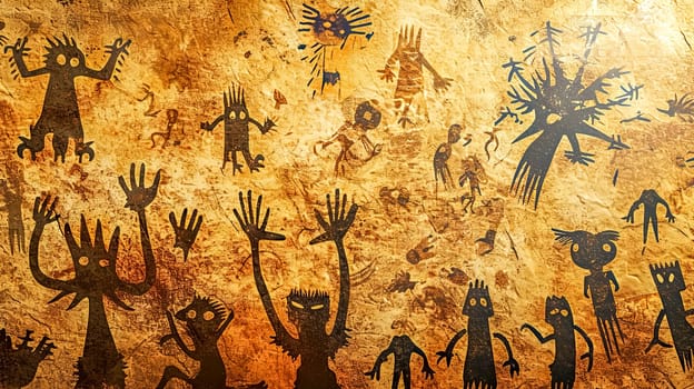 ancient cave art, this image features a series of whimsical silhouetted figures that resemble primitive drawings. They are depicted in dark tones against a textured, parchment-like background