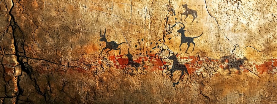 cave art with black silhouetted figures of animals on a crackled, earthen background, creating a historical narrative. banner