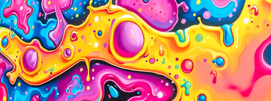 the essence of 1980s airbrush art, with a fluid mix of bright pink, blue, yellow, and purple hues creating a playful and abstract composition, banner