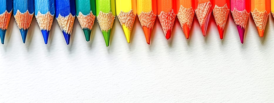 banner showcasing a row of colored pencils in a rainbow gradient arrangement, sharp and ready for use, against a white background with a soft shadow beneath each pencil. copy space