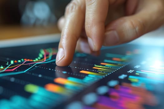 finger touch screen stock monitor pointing to analyze financial investment graphs, generative ai