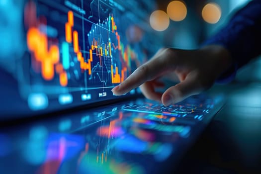 finger touch screen stock monitor pointing to analyze financial investment graphs, generative ai