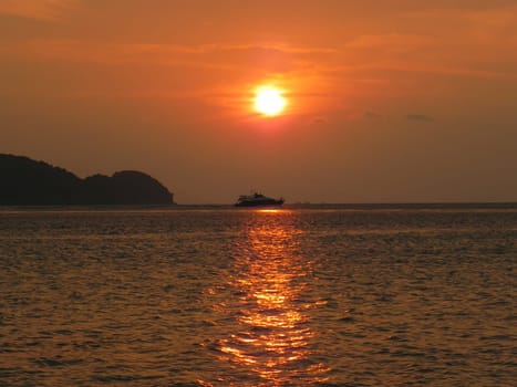 Sunset river boat silhouette view. River boat sunset landscape.