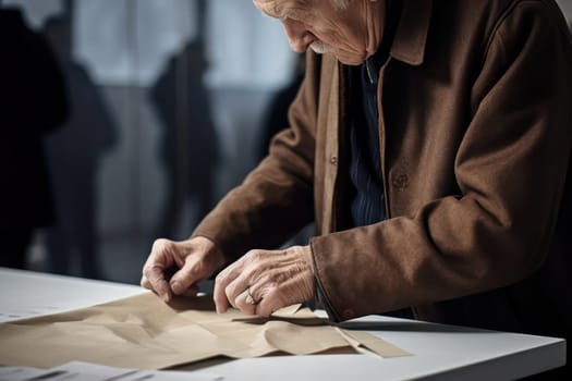 Elderly Caucasian Man Holding Paper, Writing a Letter: Emotional Connection with Aging, Loneliness, and Memories on Beautiful Table