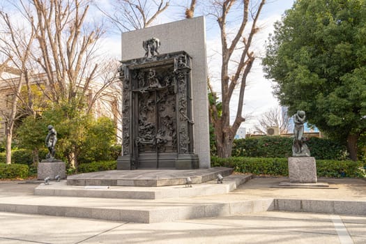 Tokyo, Japan. January 2024.  Auguste Rodin Sculpture "Gates of Hell" at Ueno park in the city center