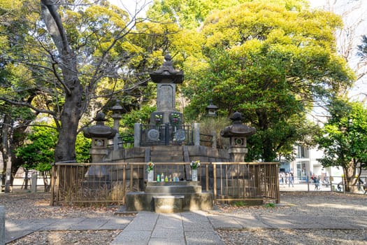 Tokyo, Japan. January 2024. Funeral monument to the Shogitai in Ueno Park in the city center.  The Shogitai  was an elite samurai shock infantry formation of the Tokugawa shogunate military formed in 1868 by the hatamoto Amano Hachiro and Hitotsubashi Gosankyo retainer.