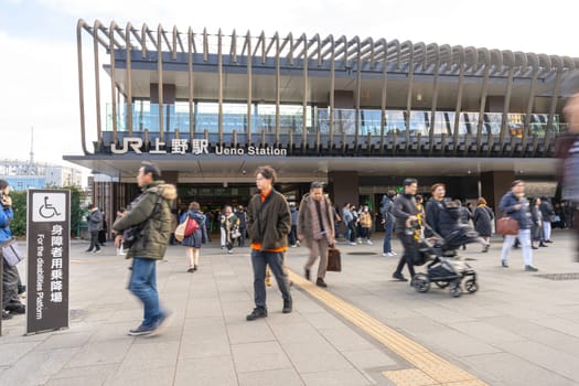 Tokyo, Japan. January 2024. view of travelers in front of the Ueno train Station in the city centre