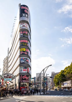 Tokyo, Japan. January 2024. view of the colorful advertisements on a building in the city center