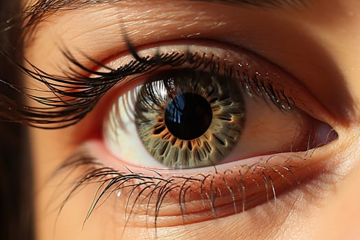 Green female eye with long eyelashes close-up.