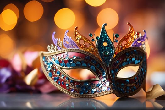 Carnival mask with bright feathers and abstract defocused bokeh lights. The concept of masquerade, carnival.