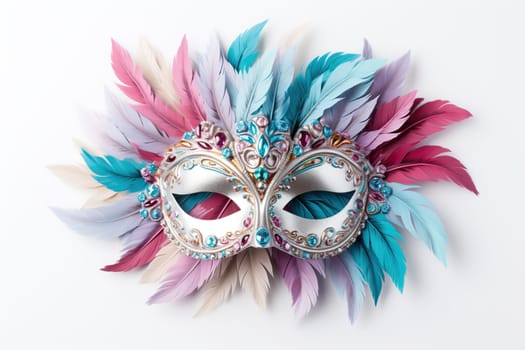 Carnival mask with multi-colored feathers on a white background.