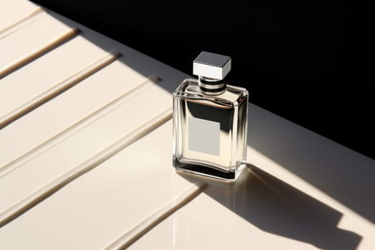 Perfume bottle minimalist plane geometric composition focus on bottle. Generative AI.