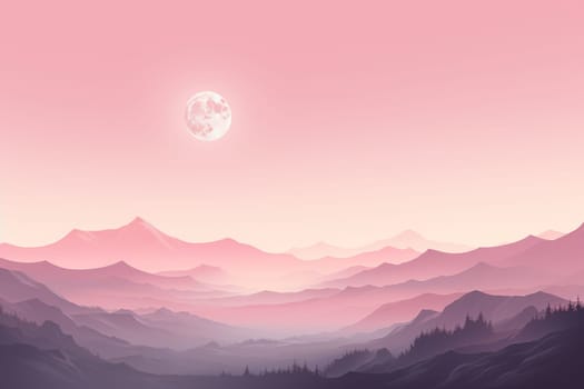 Full moon sits on the horizon, imbuing the scene in a soft pink on the abstract edges. Generative AI.