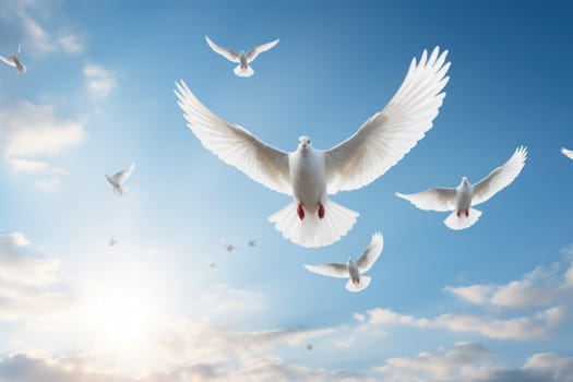 Light sky with white doves as a symbol of peace without war. Generative AI.