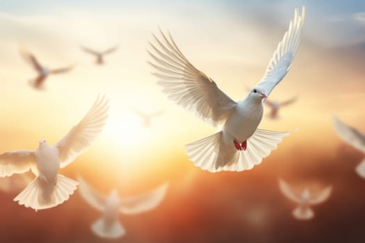 Light sky with white doves as a symbol of peace without war. Generative AI.