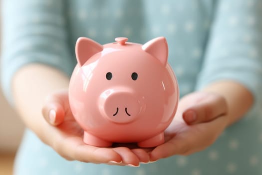 Woman's hand holding a coin in a piggy bank. Generative AI.