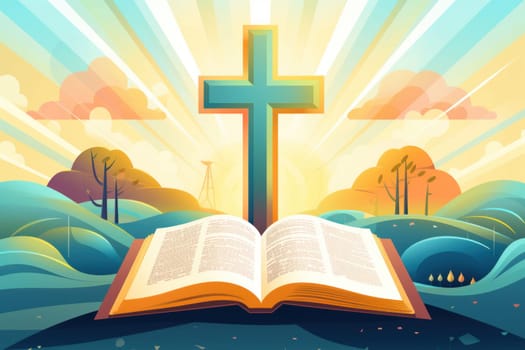 Stylized illustration of a cross and open Bible with radiant light