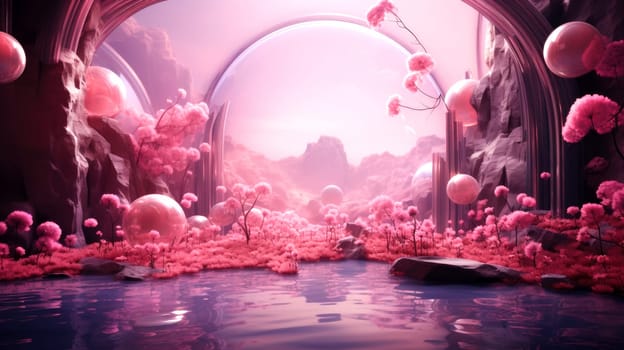 A surreal landscape with pink flora and reflective water under an archway